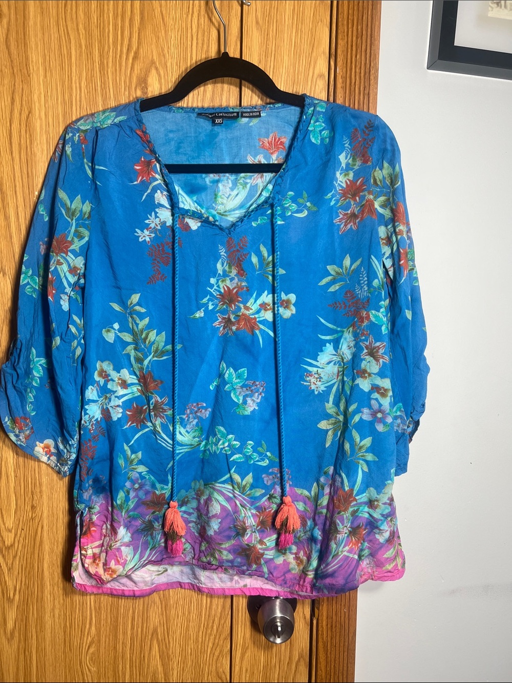 Tolani Turquoise Floral Tassel Peasant Top